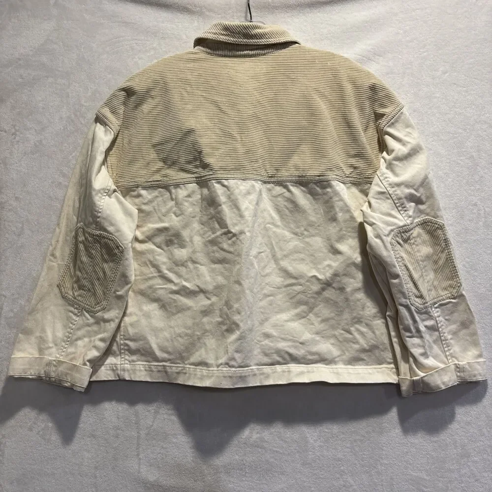Madewell Women’s Cotton Chino Boxy Shirt Jacket Natural Size Large Elbow Patches